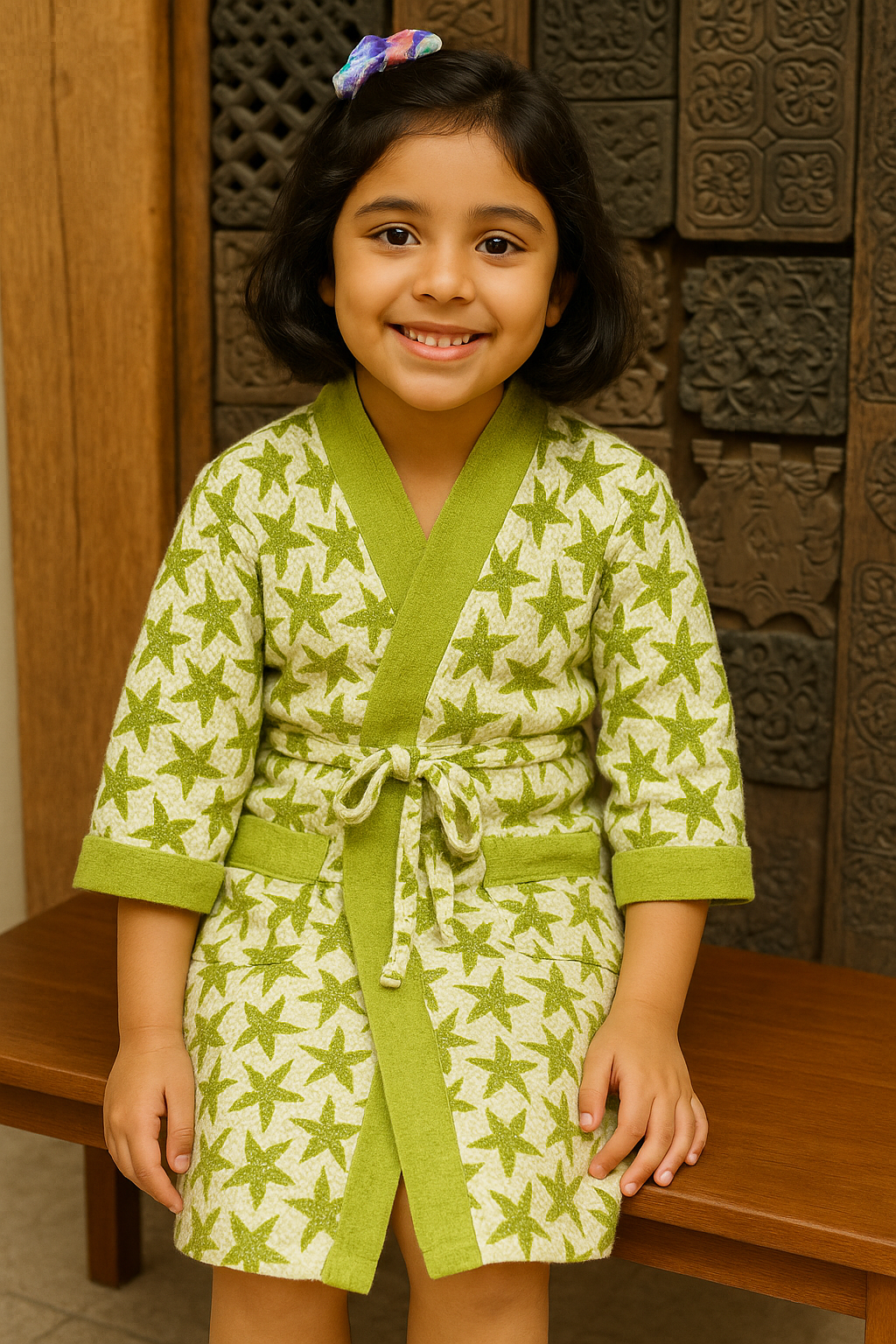 Hand Block Printed Cotton Waffle Weave - Star Bloom Kids Bathrobe