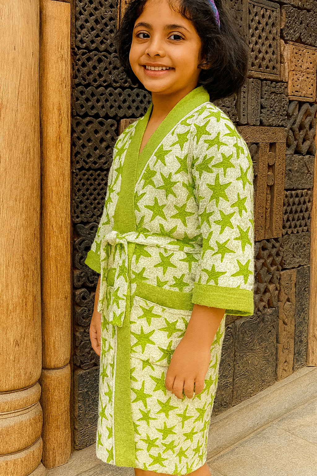 Hand Block Printed Cotton Waffle Weave - Star Bloom Kids Bathrobe
