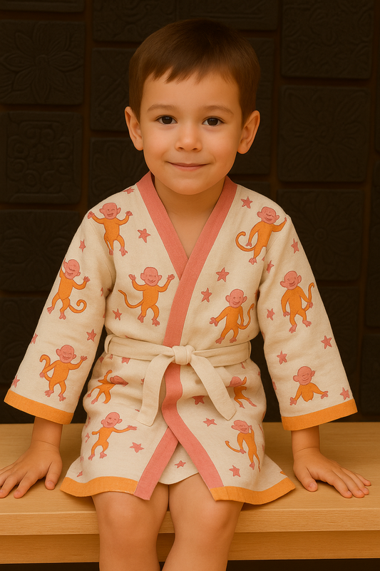 Simmi’s Emporium Monkey Mischief Kids Bathrobe – Hand Block Printed Cotton Muslin with Monkey & Star Motifs