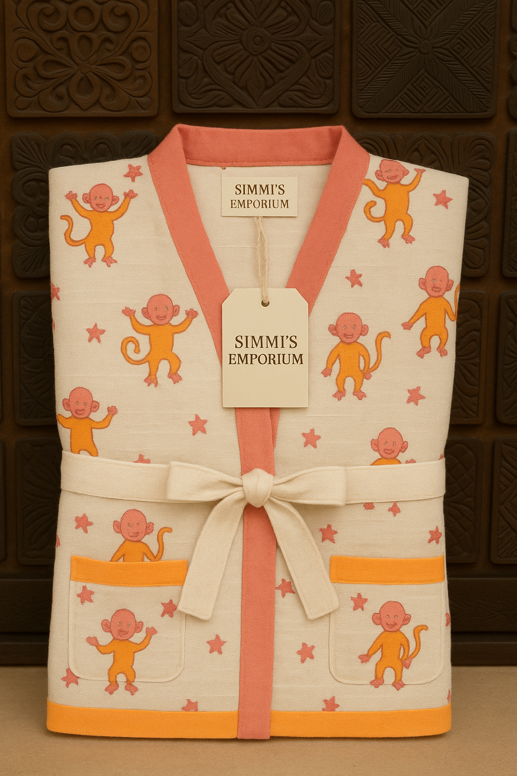 Simmi’s Emporium Monkey Mischief Kids Bathrobe – Hand Block Printed Cotton Muslin with Monkey & Star Motifs