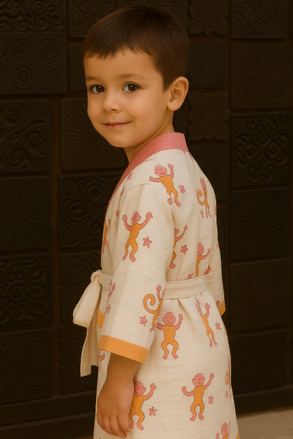 Simmi’s Emporium Monkey Mischief Kids Bathrobe – Hand Block Printed Cotton Muslin with Monkey & Star Motifs