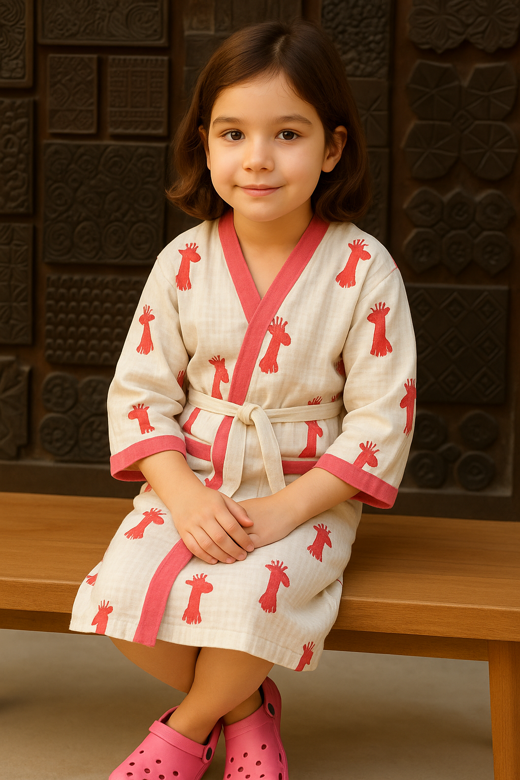 Simmi’s Emporium Giggly Giraffe Kids Bathrobe – Hand Block Printed Cotton Muslin with Giraffe Motifs