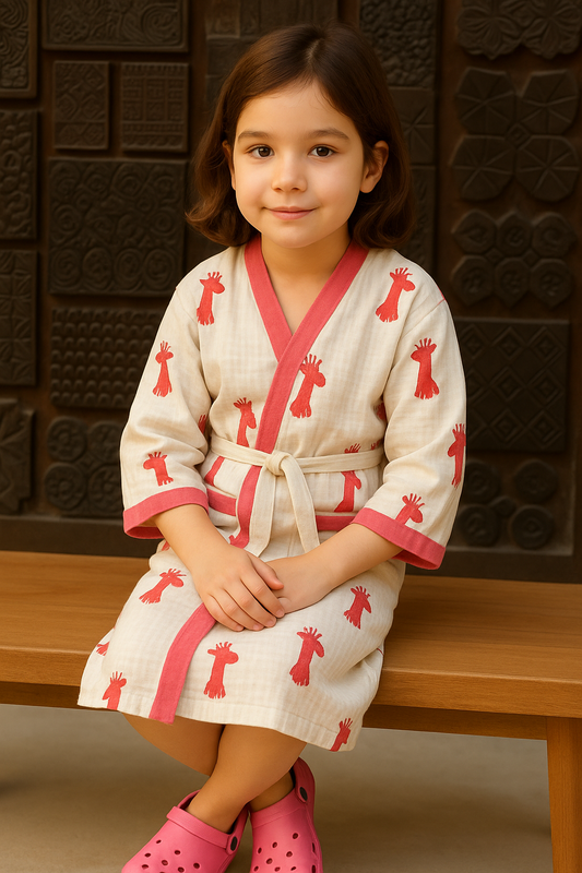 Simmi’s Emporium Giggly Giraffe Kids Bathrobe – Hand Block Printed Cotton Muslin with Giraffe Motifs