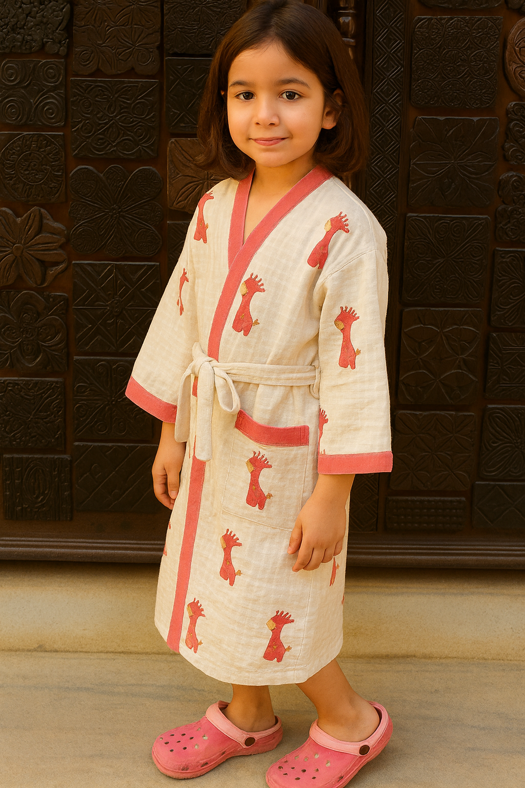 Simmi’s Emporium Giggly Giraffe Kids Bathrobe – Hand Block Printed Cotton Muslin with Giraffe Motifs