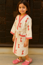 Load image into Gallery viewer, Simmi’s Emporium Giggly Giraffe Kids Bathrobe – Hand Block Printed Cotton Muslin with Giraffe Motifs
