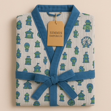 Load image into Gallery viewer, Simmi’s Emporium Carnival Charm Kids Bathrobe – Hand Block Printed Cotton Waffle Weave with Fairground Motifs
