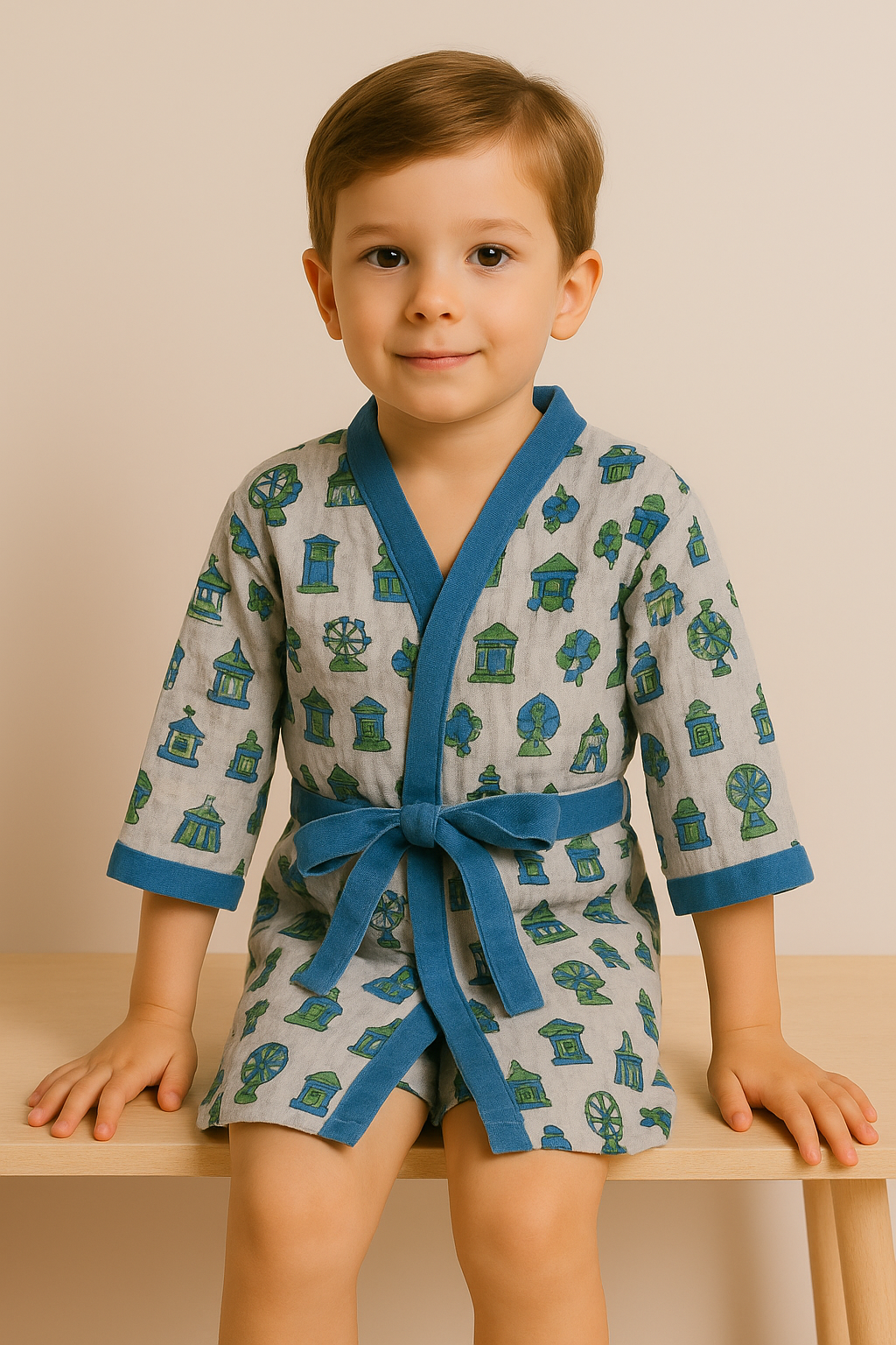 Simmi’s Emporium Carnival Charm Kids Bathrobe – Hand Block Printed Cotton Waffle Weave with Fairground Motifs