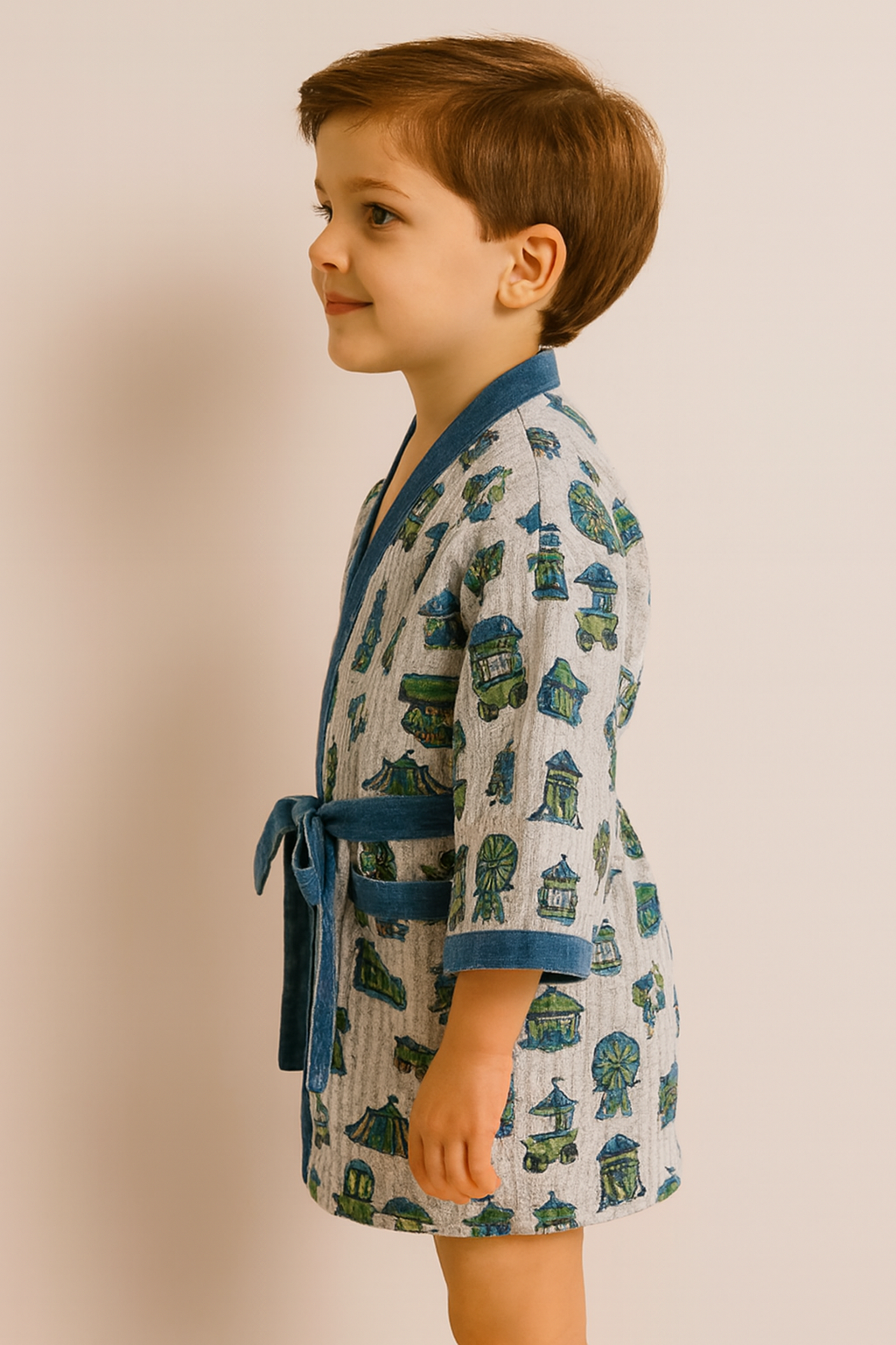 Simmi’s Emporium Carnival Charm Kids Bathrobe – Hand Block Printed Cotton Waffle Weave with Fairground Motifs
