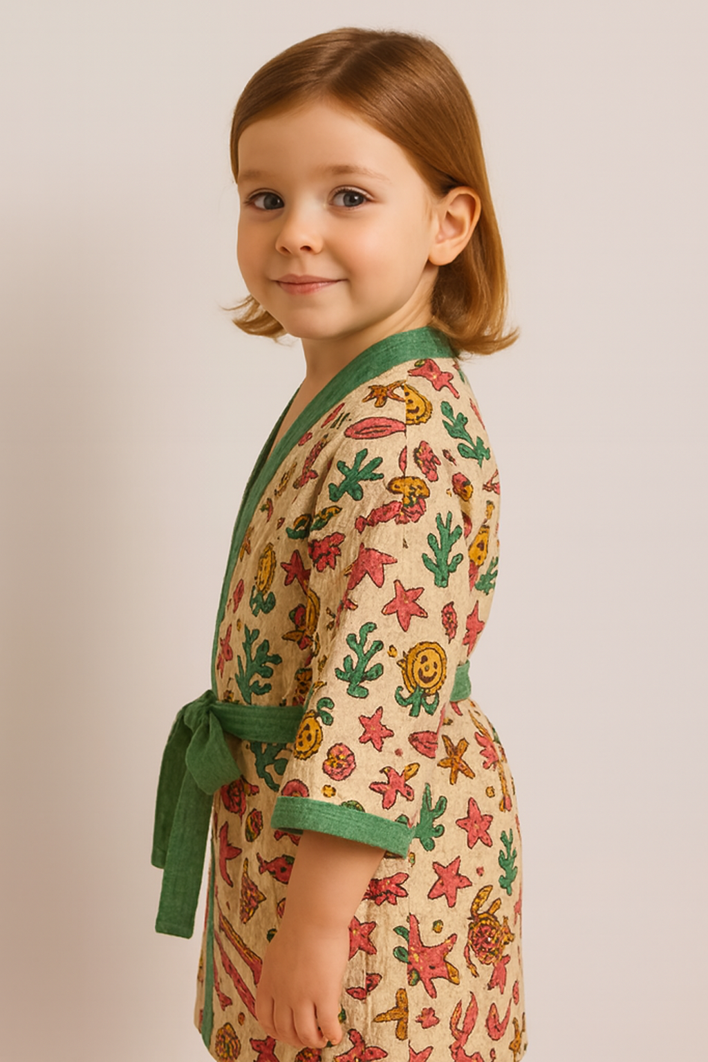Simmi’s Emporium Marine Kingdom Kids Bathrobe – Hand Block Printed Cotton Waffle Weave with Sea Life Motifs