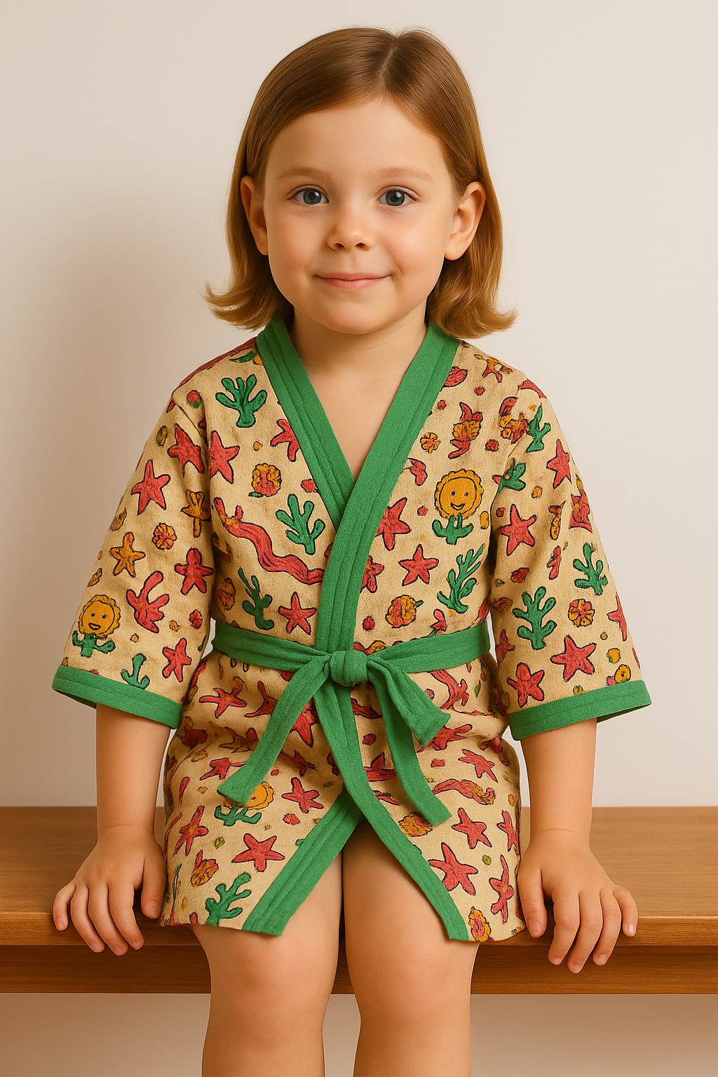 Simmi’s Emporium Marine Kingdom Kids Bathrobe – Hand Block Printed Cotton Waffle Weave with Sea Life Motifs