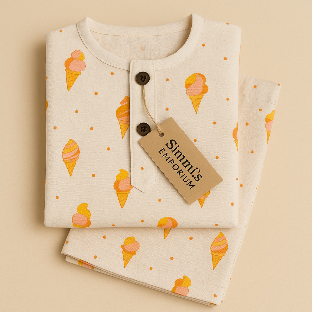 Hand Block Printed Cotton Sweet Slumbers Kids Night Suit with Ice Cream Motifs
