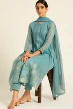 Load image into Gallery viewer, Sale now LIVE! Simmi’s Emporium Neel Pushpa Suit Set – Teal Organza Kurta with Floral Embroidery &amp; Matching Dupatta
