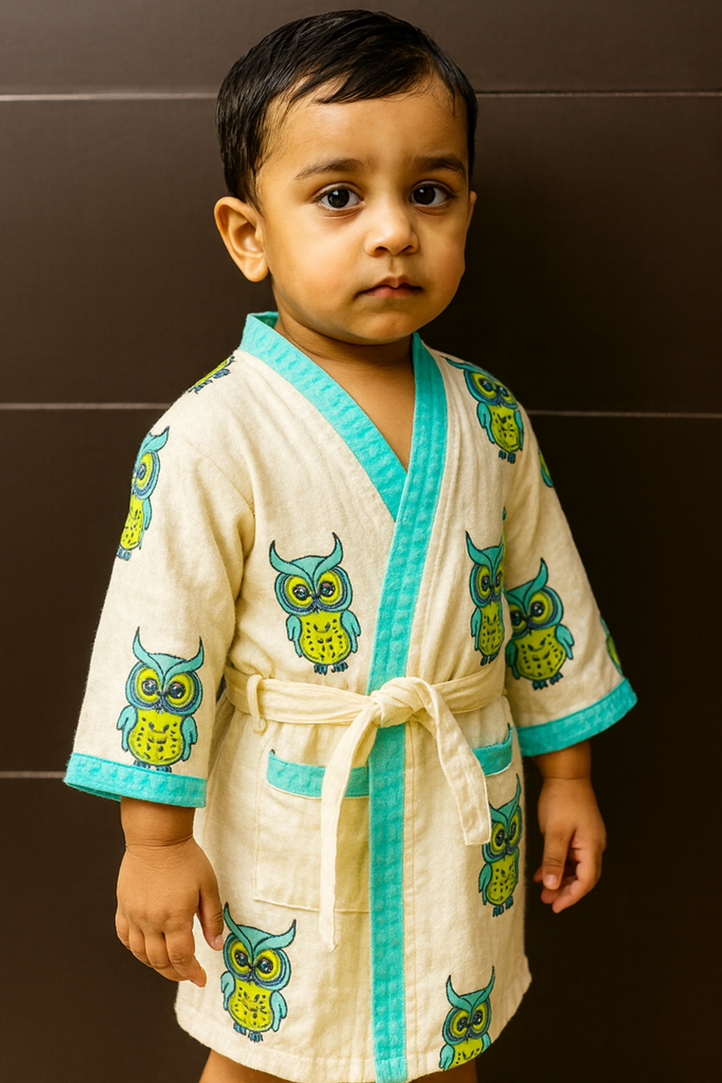 Simmi’s Emporium Hoot & Hug Kids Cotton Bathrobe – Hand Block Print Waffle Weave