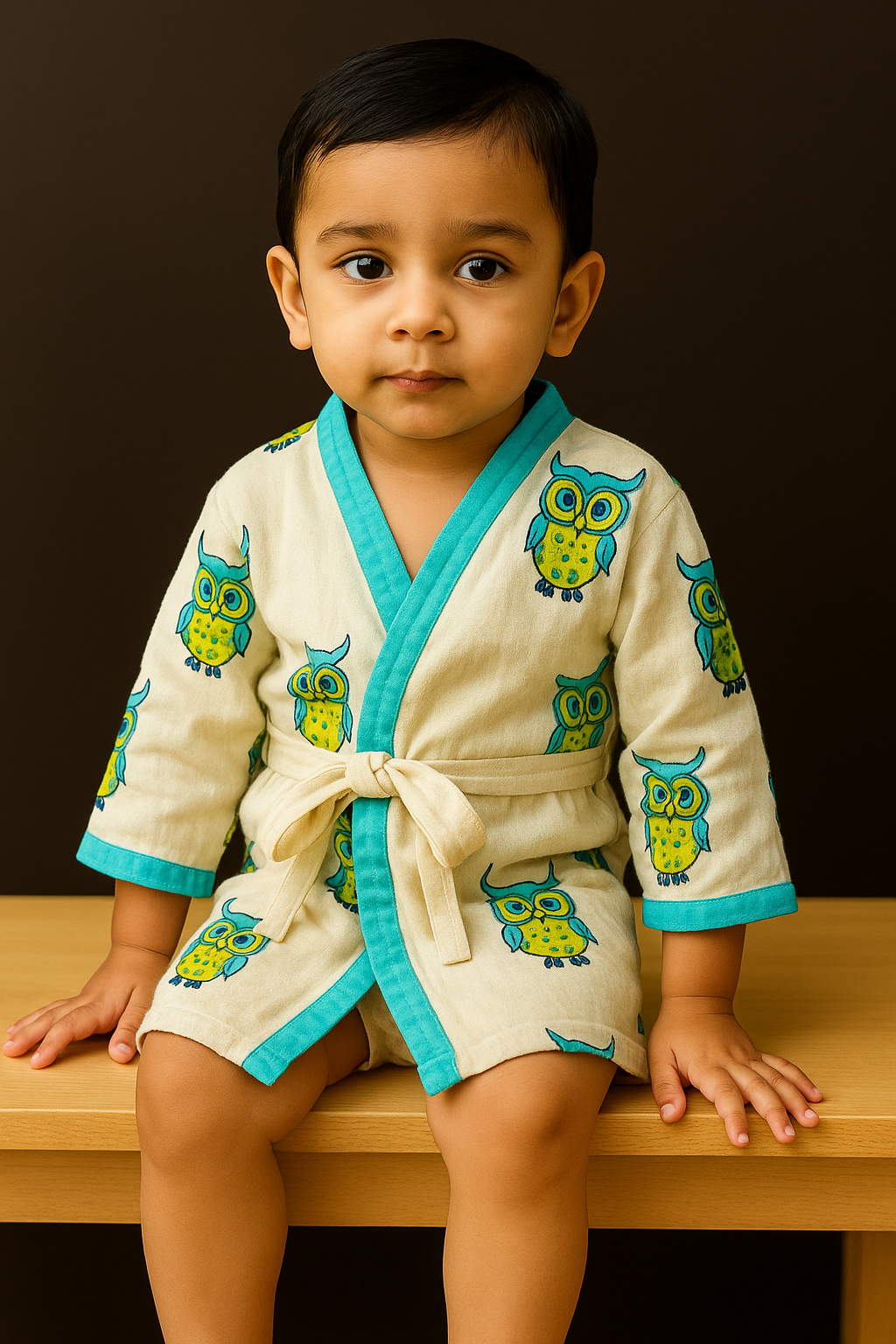 Simmi’s Emporium Hoot & Hug Kids Cotton Bathrobe – Hand Block Print Waffle Weave