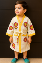 Load image into Gallery viewer, Simmi’s Emporium Cub N&#39; Crown Kids Cotton Waffle Weave Bathrobe – Hand Block Print
