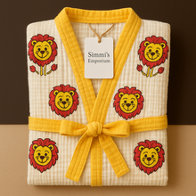 Load image into Gallery viewer, Simmi’s Emporium Cub N&#39; Crown Kids Cotton Waffle Weave Bathrobe – Hand Block Print
