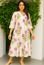 Load image into Gallery viewer, Lavender Bloom Tropical Pure Cotton Dress – Handcrafted Breezy Summer Wear in Soothing Pastel Hues
