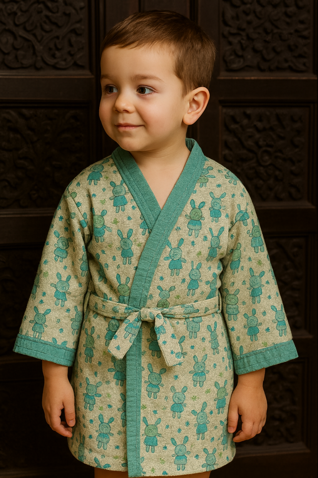 Simi’s Emporium Snuggle N' Splash Bunny Bliss Kids Bathrobe – Pure Cotton Hand Block Print, Lightweight & Cozy