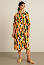 Load image into Gallery viewer, Sunset Ikkat Tropical Pure Cotton Dress – Handcrafted Breezy Summer Dress with Traditional Ikkat Print
