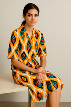 Load image into Gallery viewer, Sunset Ikkat Tropical Pure Cotton Dress – Handcrafted Breezy Summer Dress with Traditional Ikkat Print
