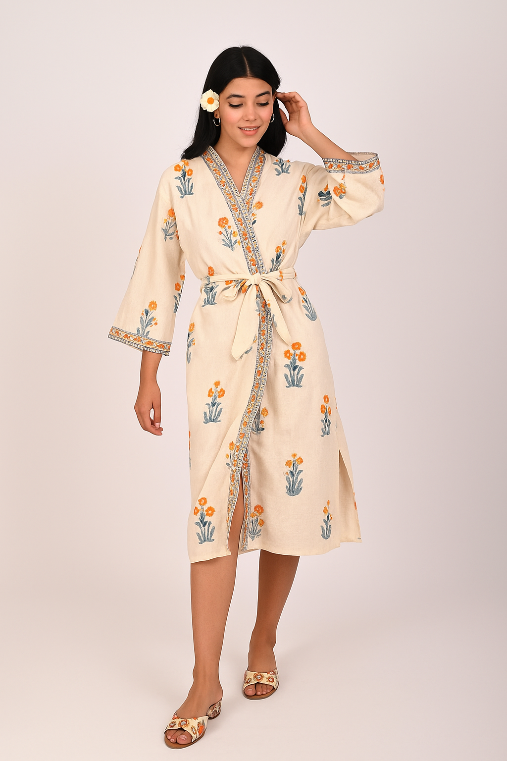 Marigold Mist Hand Block Print Pure Cotton Bathrobe