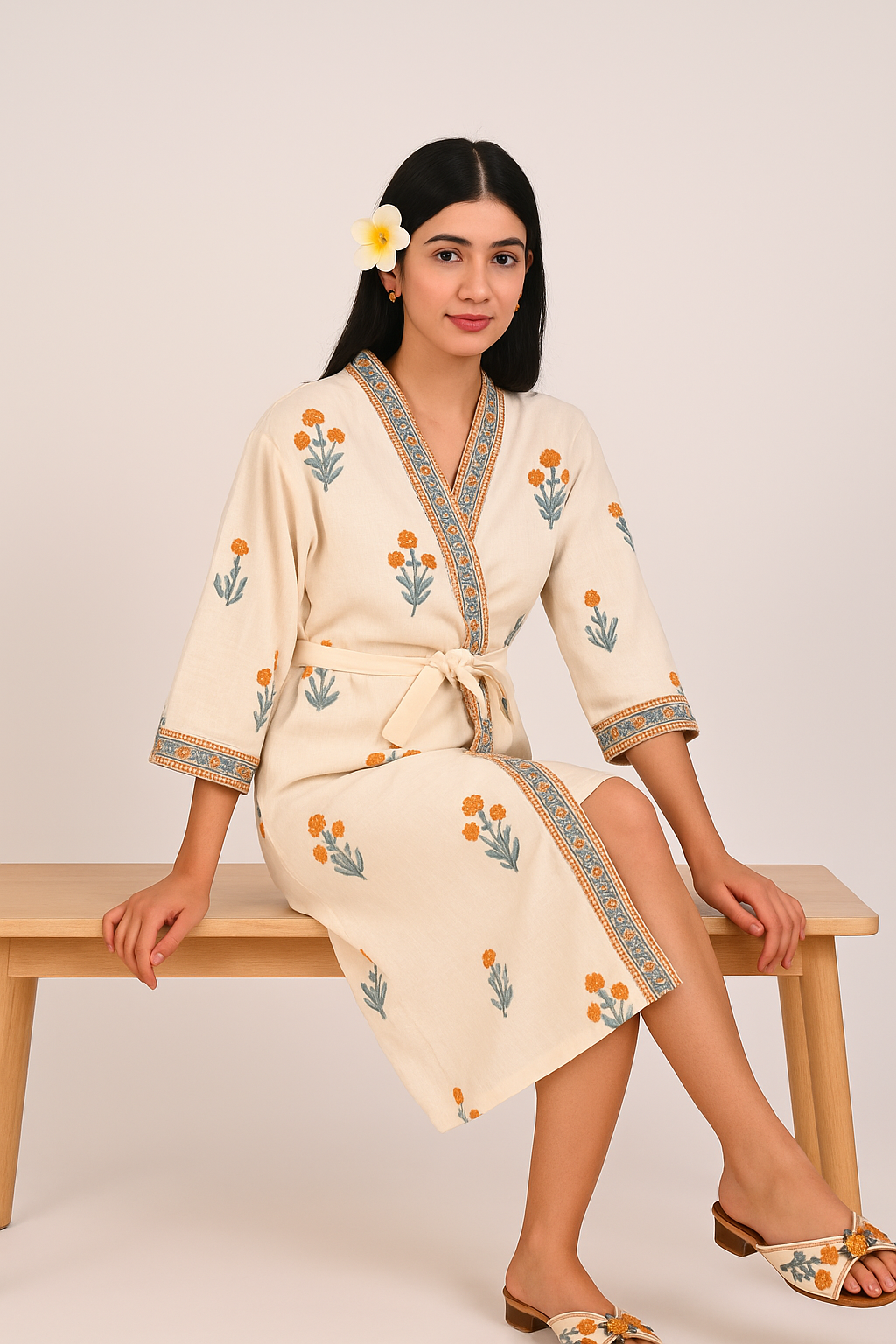Marigold Mist Hand Block Print Pure Cotton Bathrobe