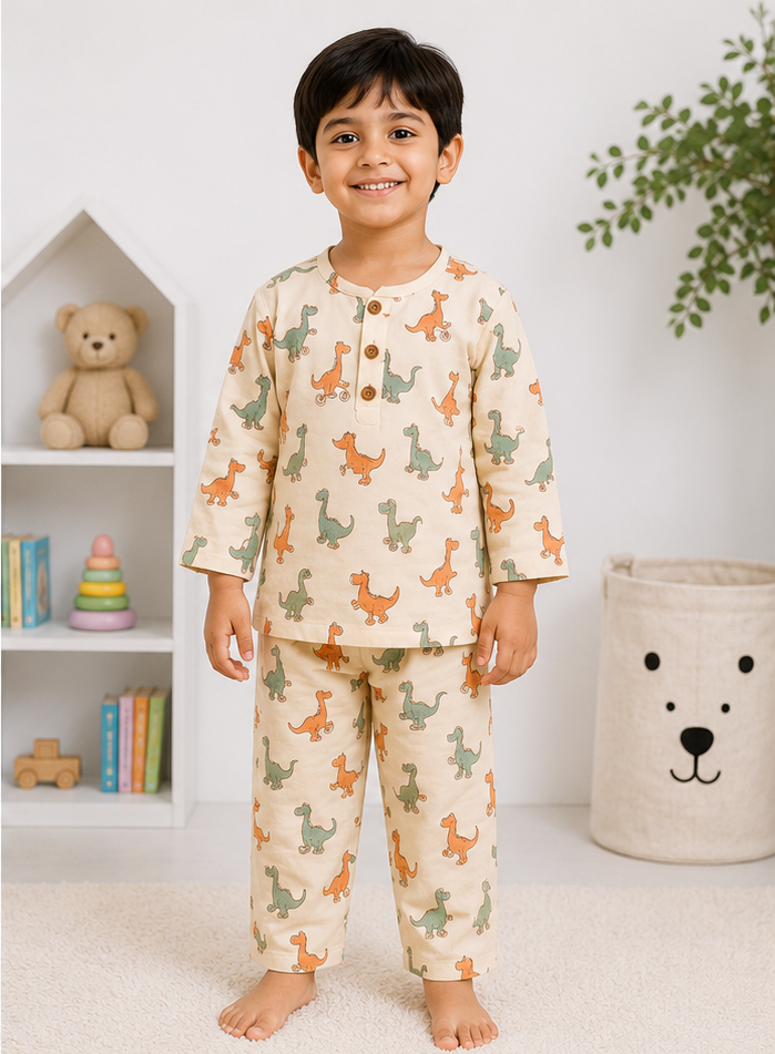 Child wearing dinosaur-patterned pajamas in a room with a teddy bear and books.
