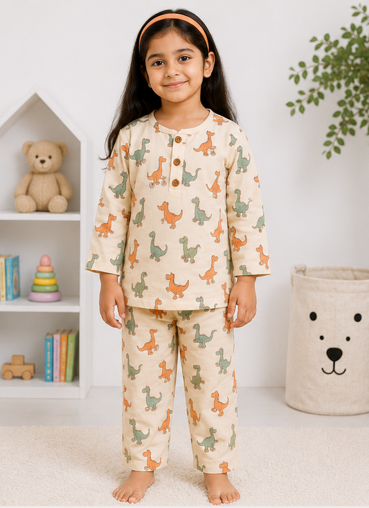 Child wearing dinosaur-patterned pajamas in a room with a teddy bear and books.