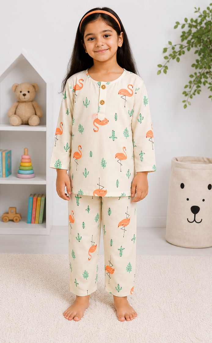 Child wearing a pajama set with flamingo design in a room with a shelf and plant.