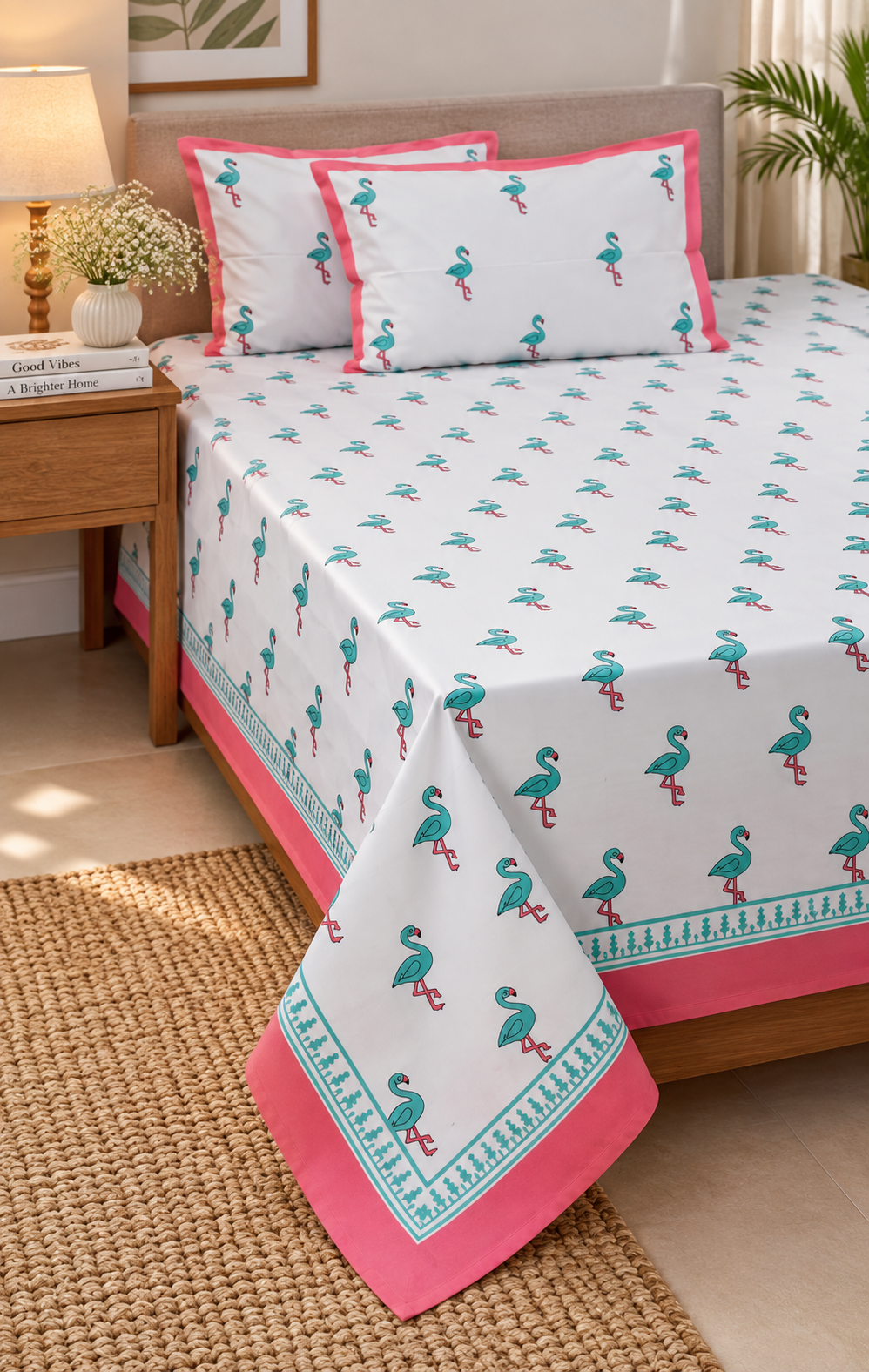 A bed dressed in a white bed sheet set with a repeating teal flamingo print and bright pink borders, styled in a warm bedroom setting with a wooden nightstand, lamp, and woven rug.
