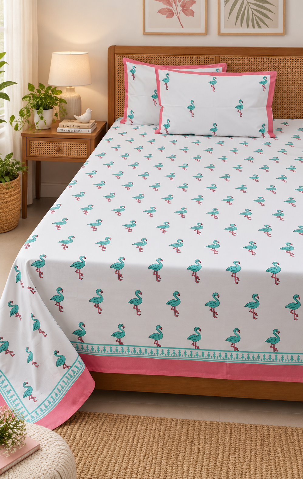 A bed dressed in a white bed sheet set with a repeating teal flamingo print and bright pink borders, styled in a warm bedroom setting with a wooden nightstand, lamp, and woven rug.