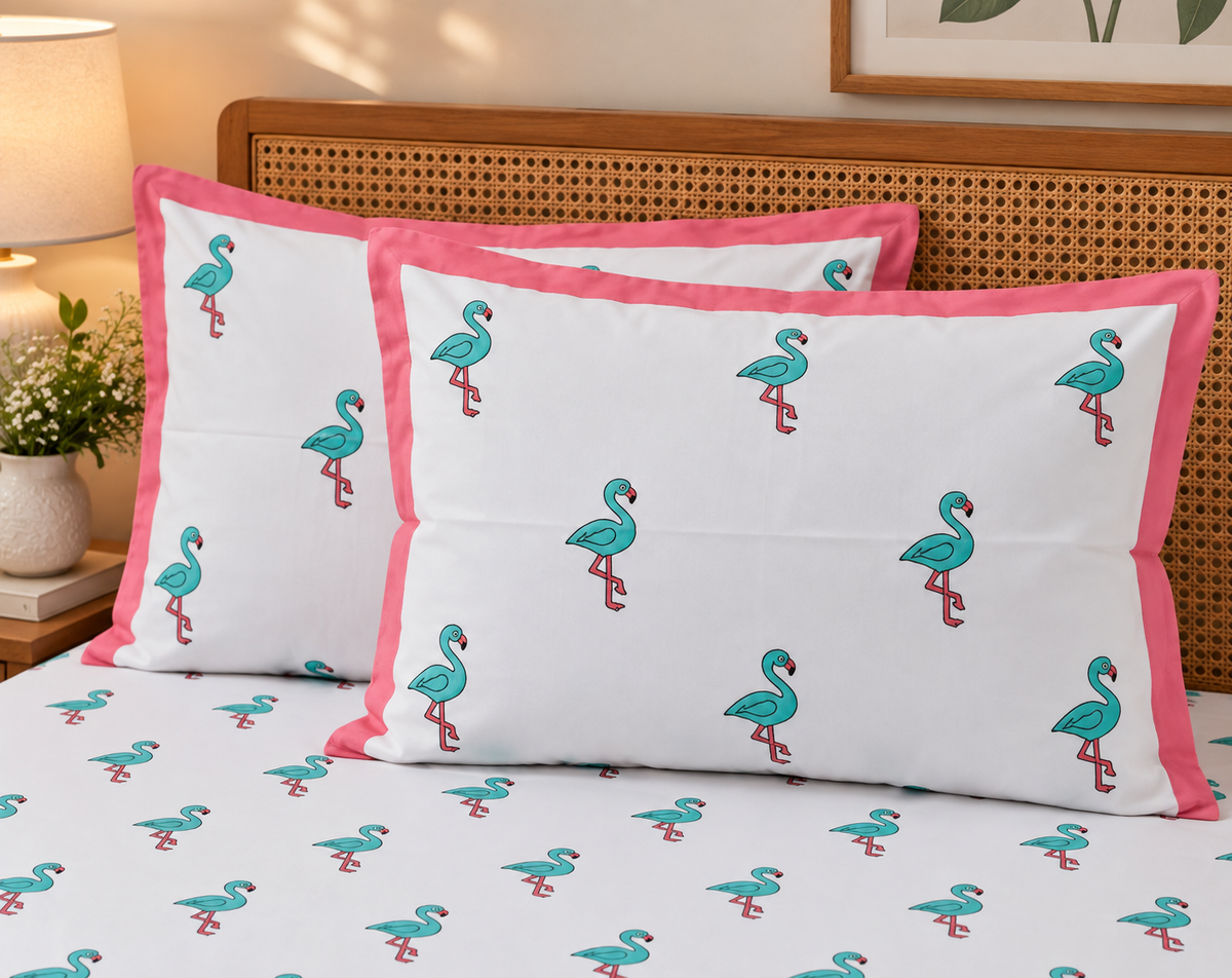 A styled bed featuring two white pillowcases with a repeating turquoise and pink flamingo print and solid pink borders, along with a matching patterned bedsheet. The pillows are arranged against a wooden cane headboard in a warm, cozy bedroom setting.