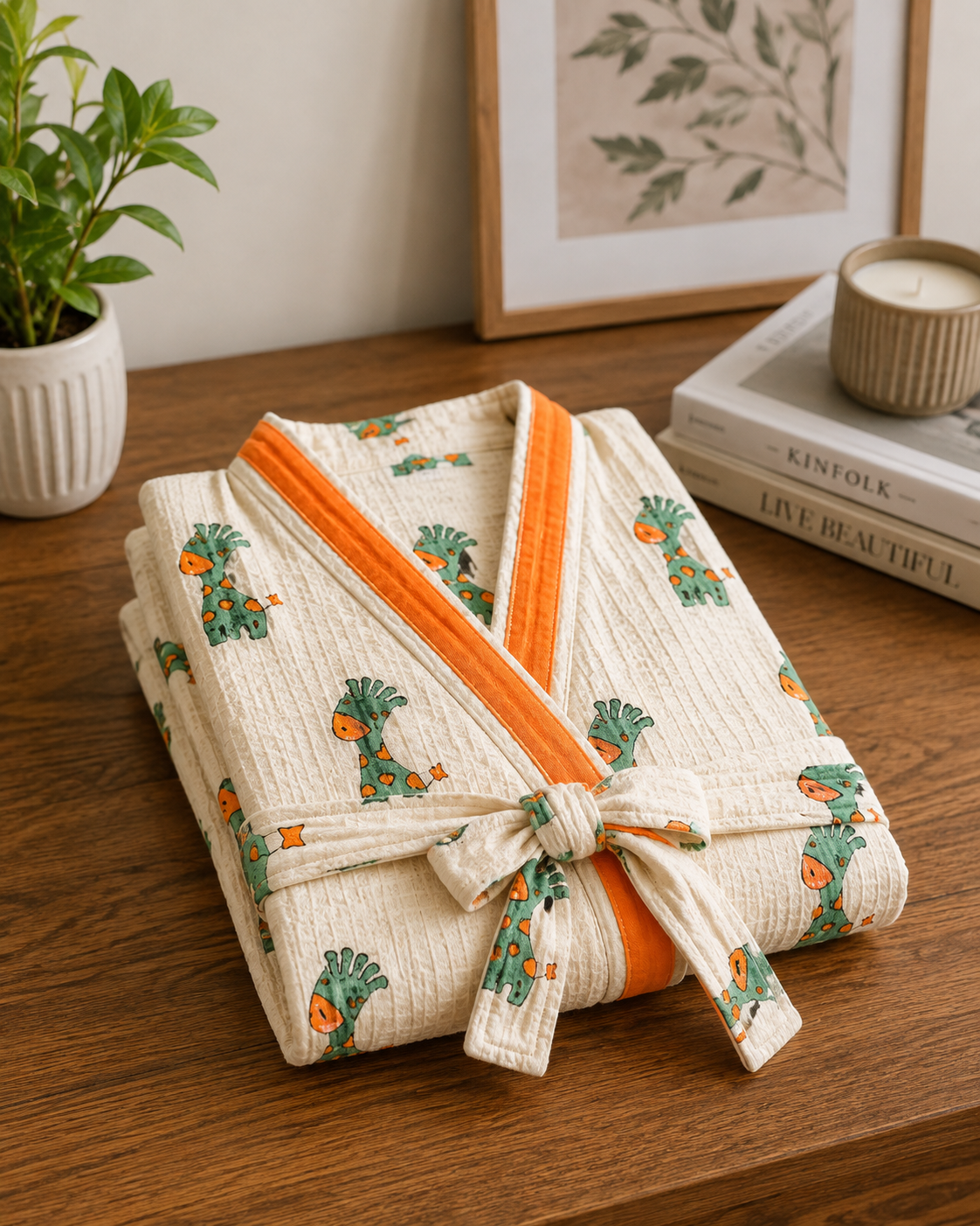 Happy Giraffe - Hand Block Print Pure Cotton Bathrobe
