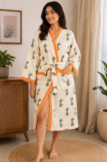 Happy Giraffe - Hand Block Print Pure Cotton Bathrobe