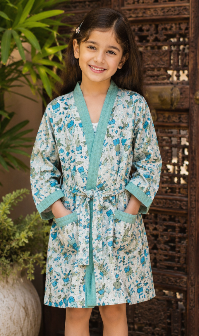 Bunny Parade - Hand Block Print Pure Cotton Waffle Weave Bathrobe
