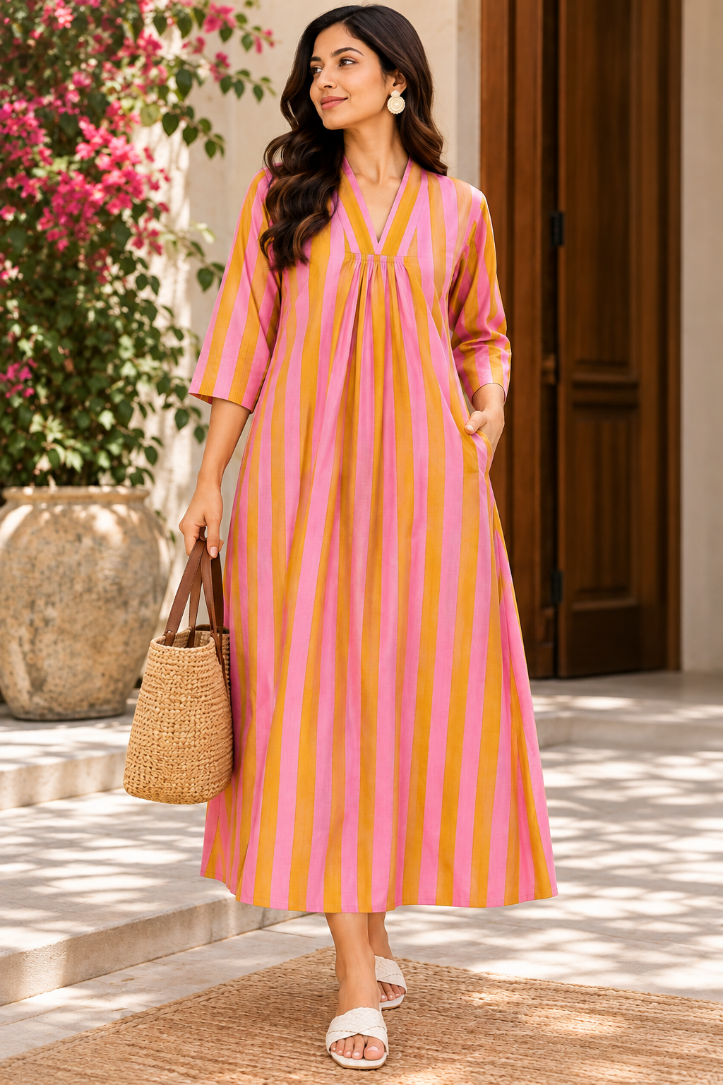 A woman wearing a pink and orange vertically striped kaftan dress, holding a woven straw tote bag, standing in front of a doorway with potted plants.