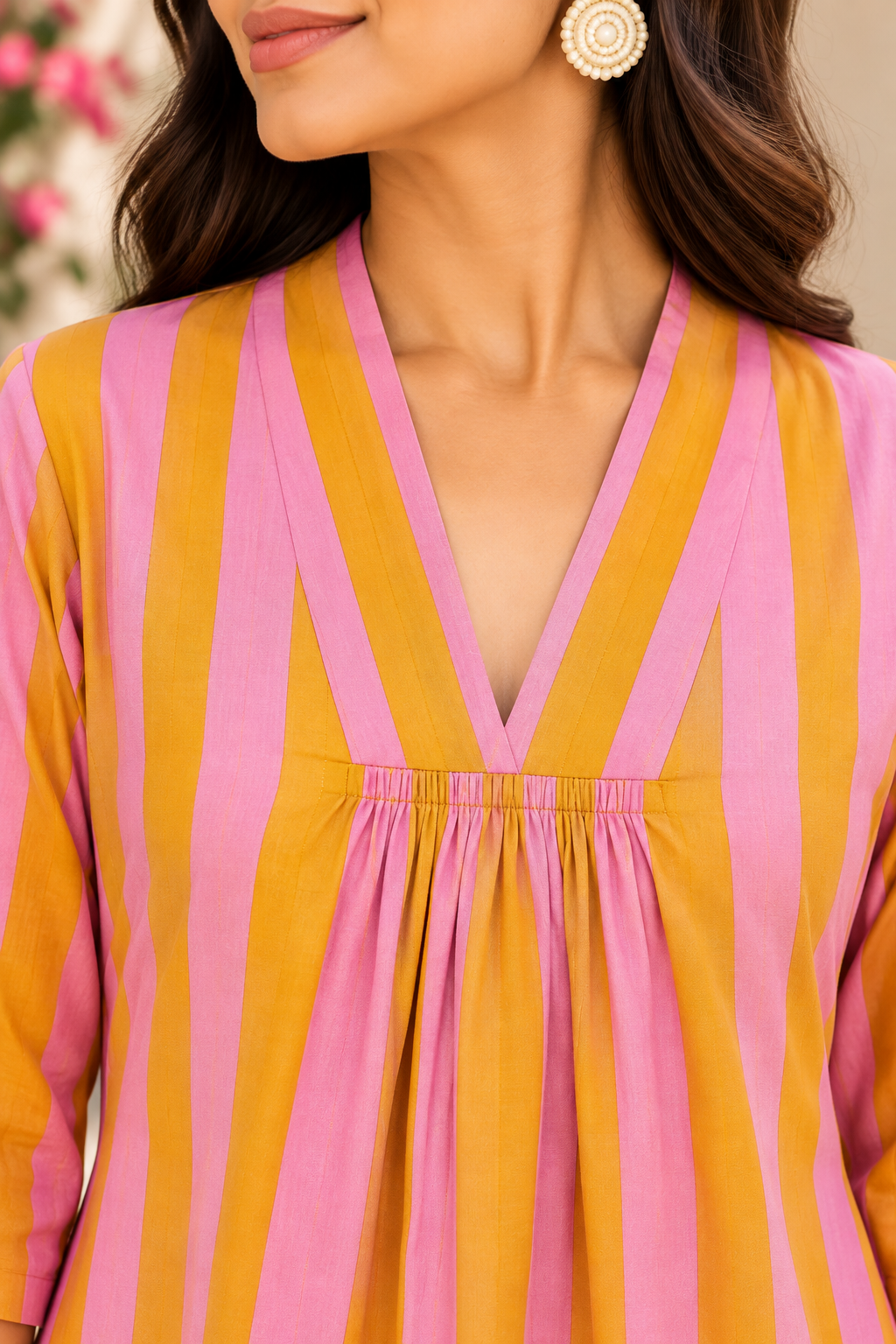 A close-up of a woman wearing a pink and mustard yellow striped blouse with a V-neckline and gathered smocked detail at the bust. She is also wearing a gold-toned circular earring.