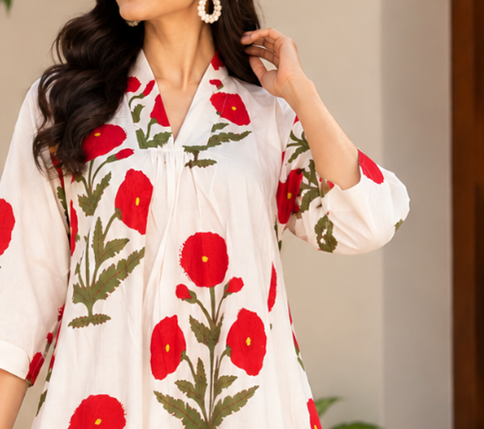 A woman wearing a white long-sleeve tunic top with a bold red poppy and green leaf floral pattern, styled with pearl drop earrings.