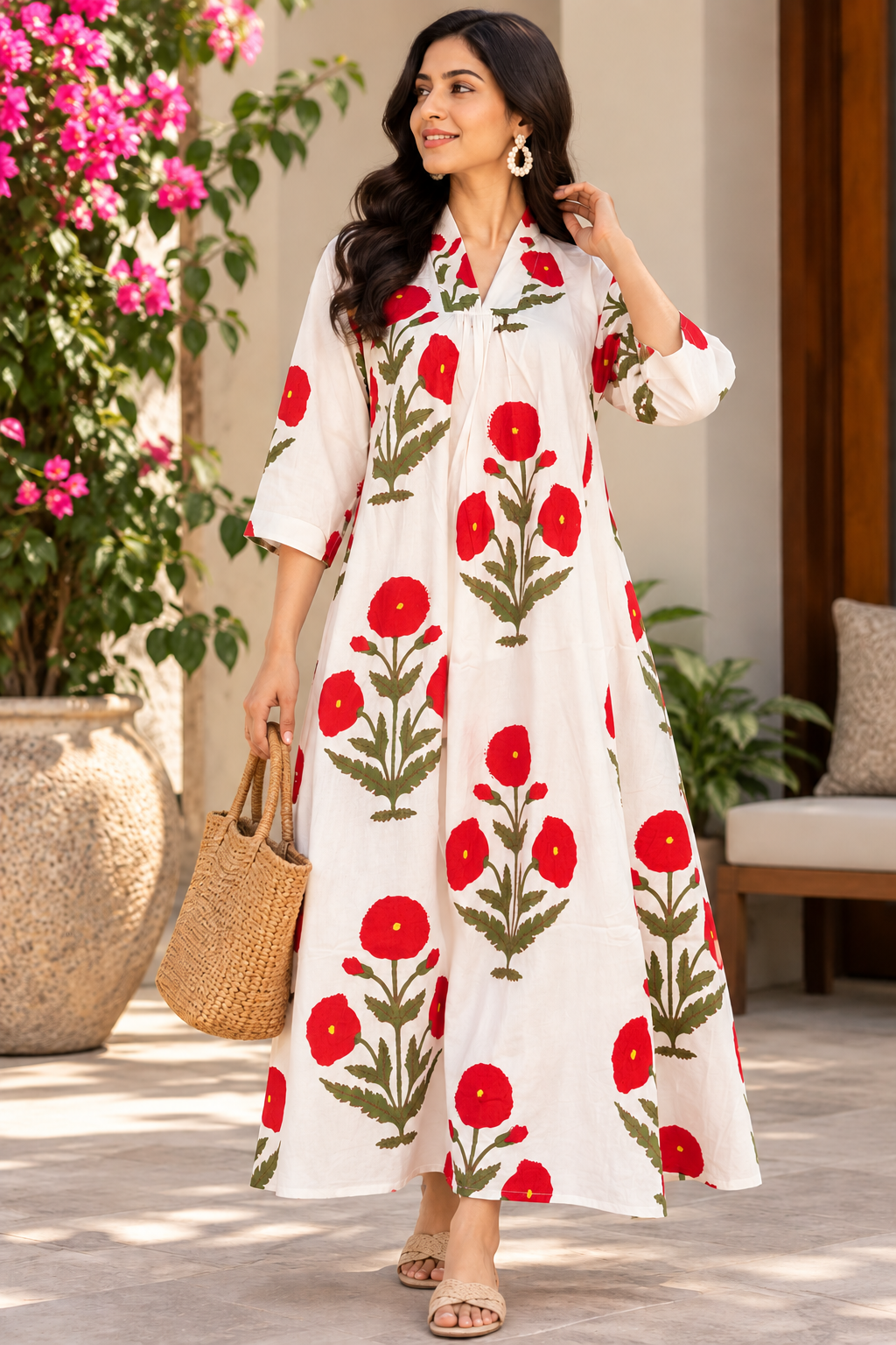 A woman wearing a white maxi dress with a bold red and green floral block print pattern, standing in a sunlit outdoor patio setting next to a potted plant.