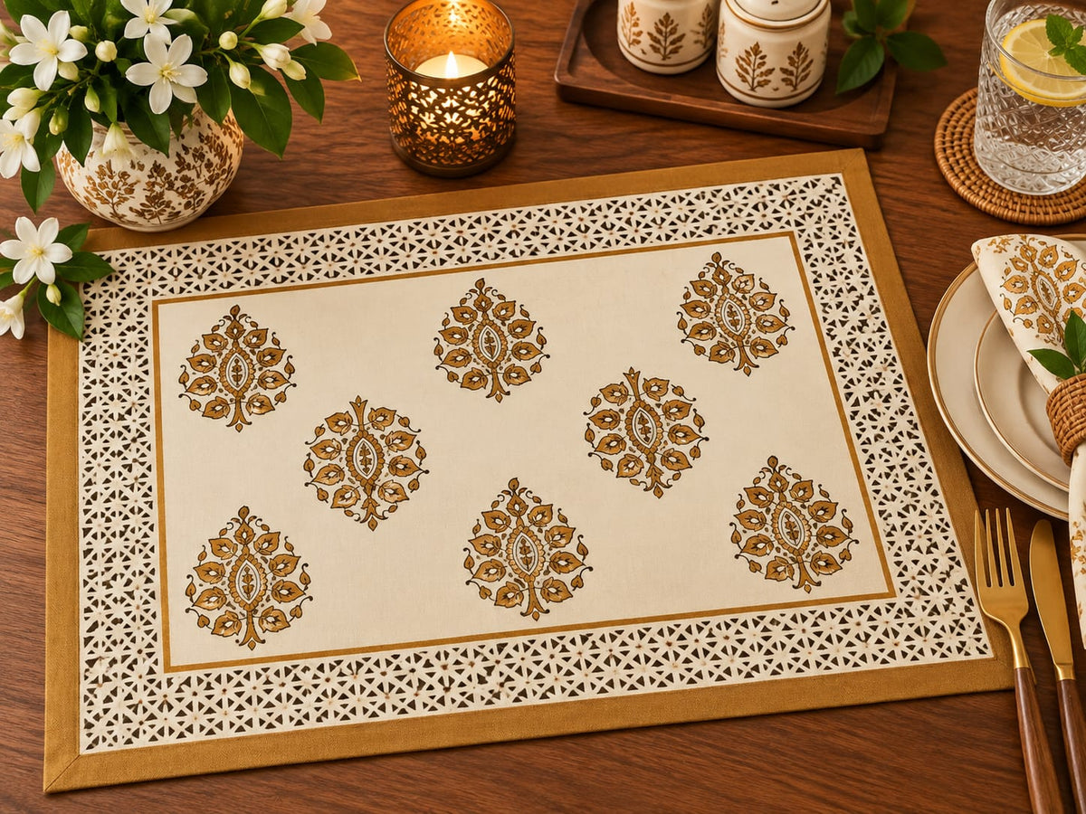 An ornate rectangular placemat with a cream background, gold damask motifs, and a decorative cutwork border, styled on a wooden dining table with plates, cutlery, flowers, and candles.