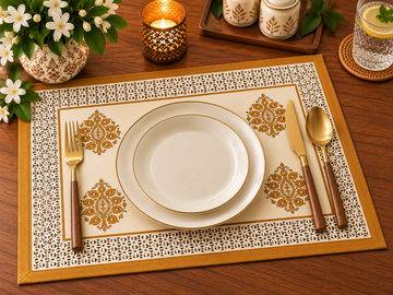 An ornate rectangular table placemat with a cream background, gold damask motifs, and a black-and-gold geometric border, styled on a wooden table with a white plate, gold-handled cutlery, candles, flowers, and small ceramic containers.