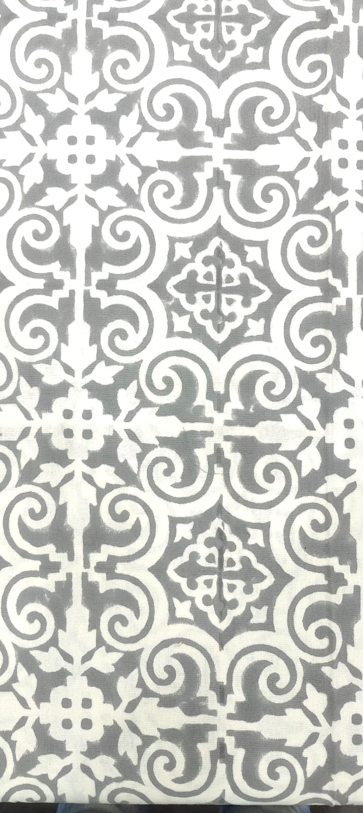 Hand Block Print Pure Cotton Grey & Teal Vintage Inspired Table Cover - 6 Seater