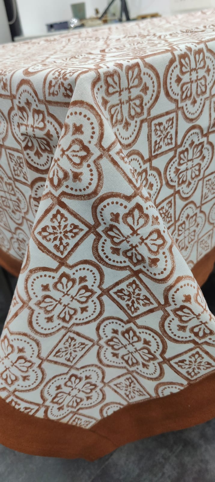 Hand Block print Pure Cotton Rustic Floral Tile Print Tablecloth with Rich Brown Border - 6 Seater