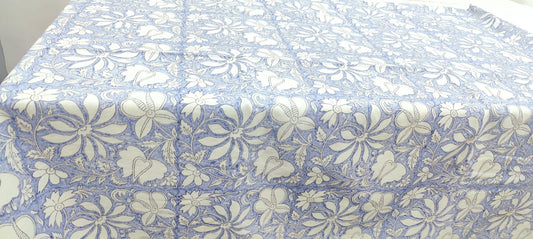 Hand Block Print Blue Floral Table Cover - 8 Seater