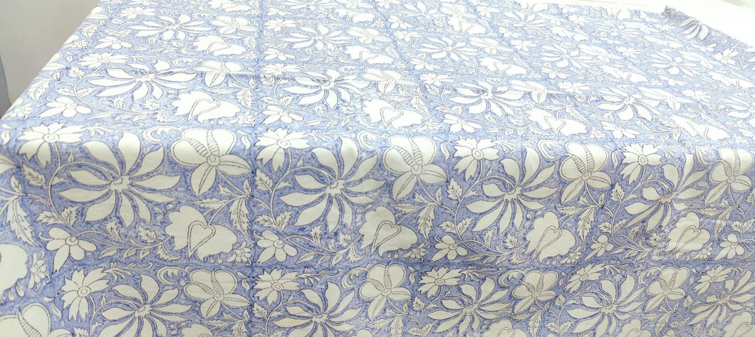 Hand Block Print Blue Floral Table Cover - 8 Seater