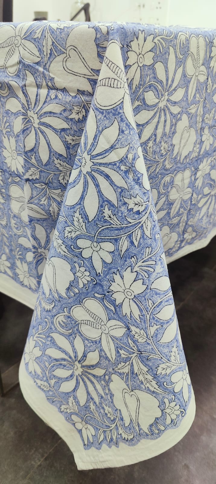Hand Block Print Blue Floral Table Cover - 8 Seater
