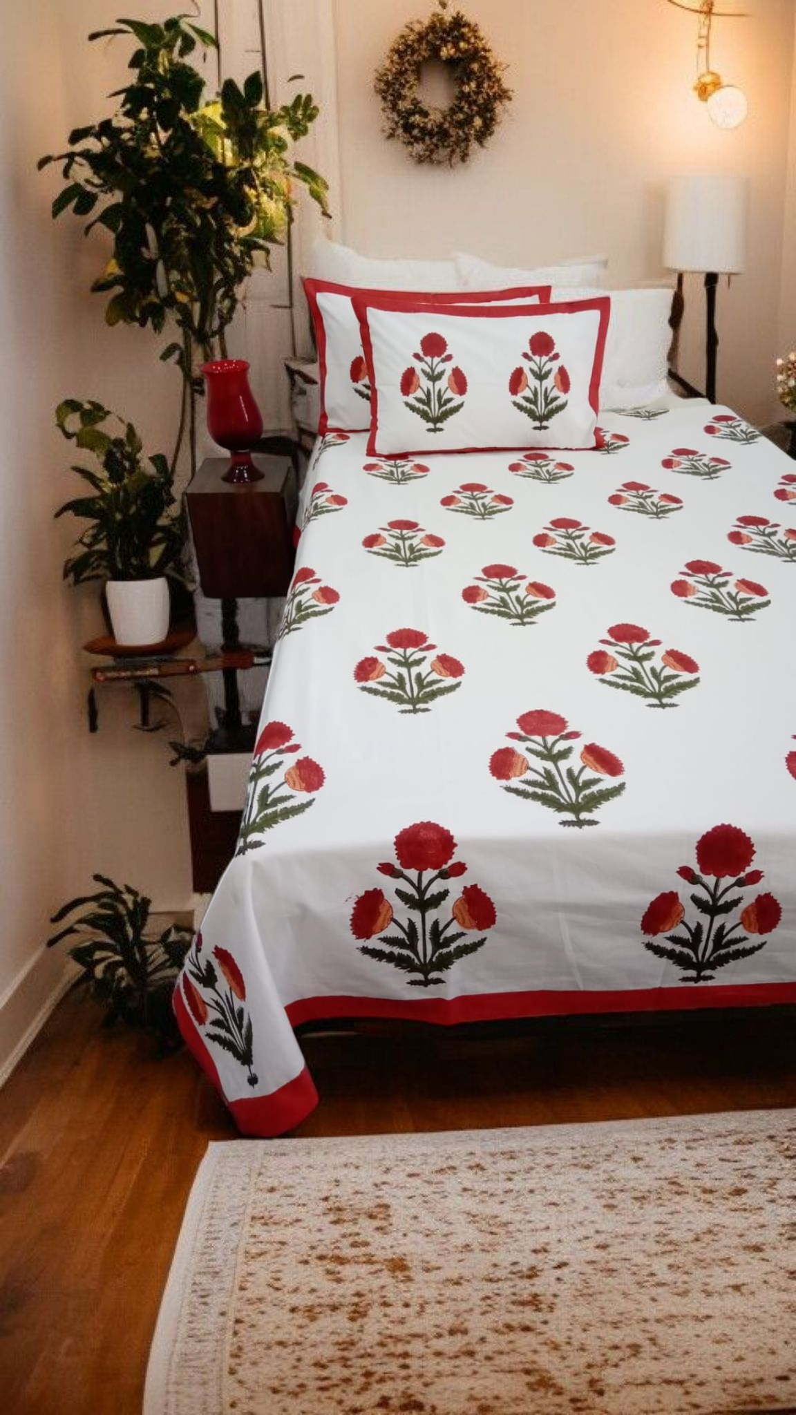 Hand Block Print Fulwari Bedsheet with Two Pillow Covers (Mughal Floral Print)