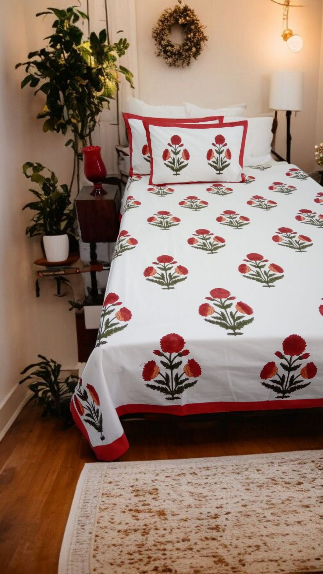 Hand Block Print Fulwari Bedsheet with Two Pillow Covers (Mughal Floral Print)