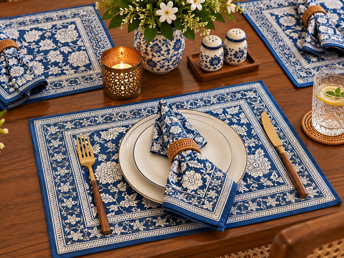 Indigo Bloom – Hand Block Print Mat & Napkin Set