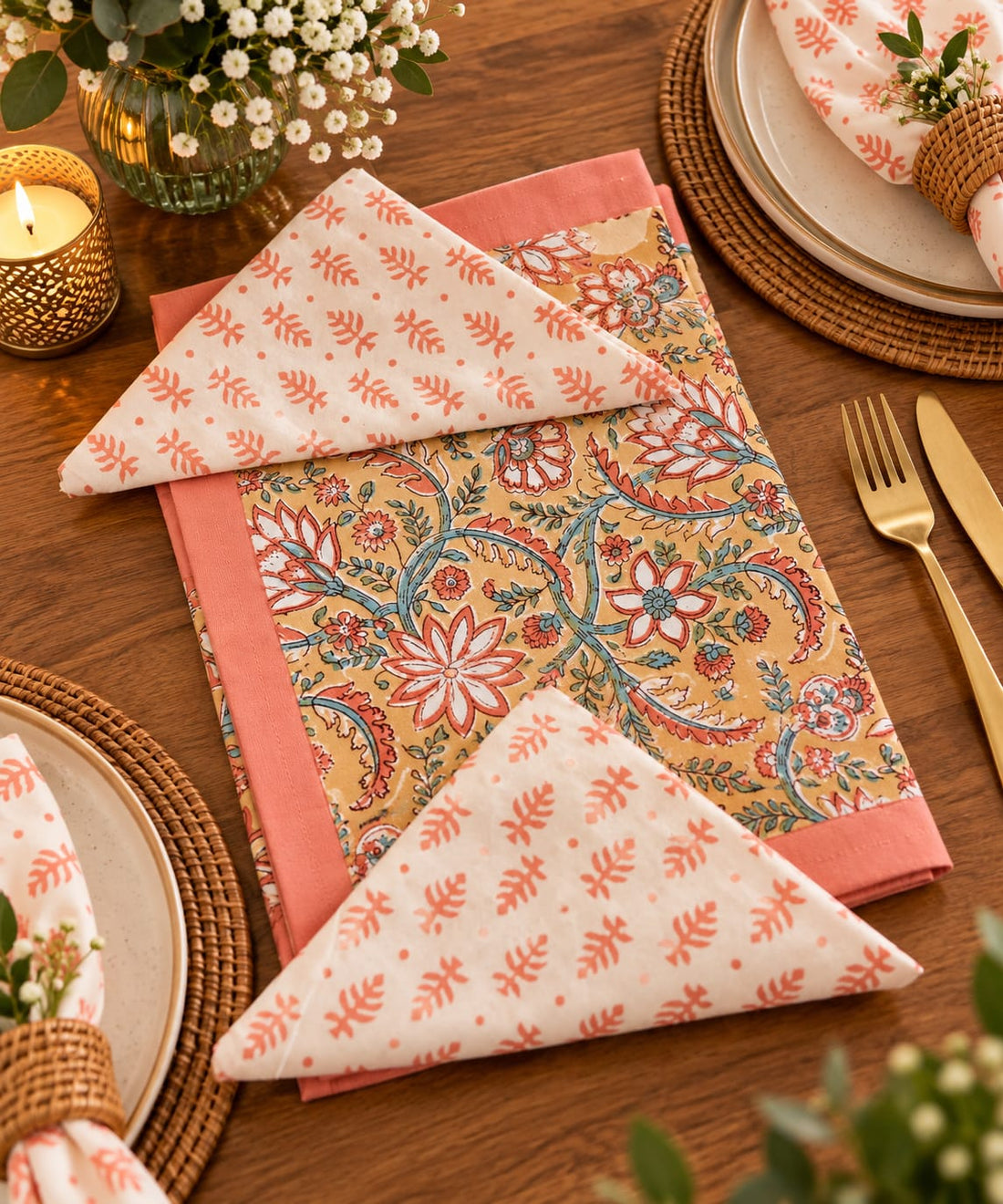 A styled tabletop setting featuring a rectangular place mat with a coral border and a cream background decorated with a detailed floral and vine pattern in coral, teal, and rust. A matching folded napkin with a simple coral leaf print is draped over the corner of the mat.